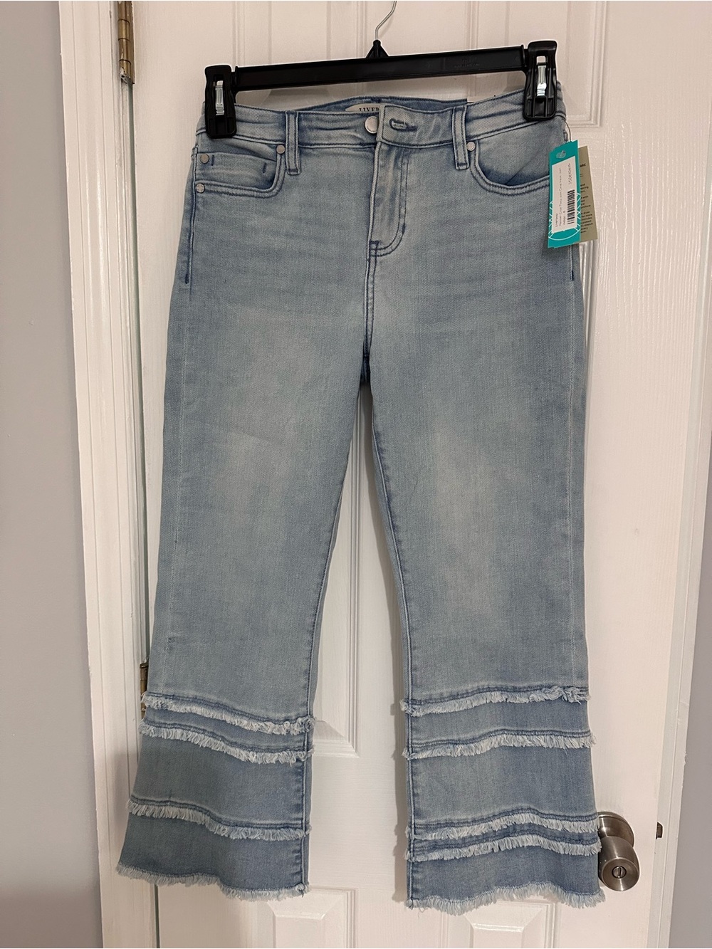 Liverpool Light Blue Fringe-Hem Crop Flare Jeans